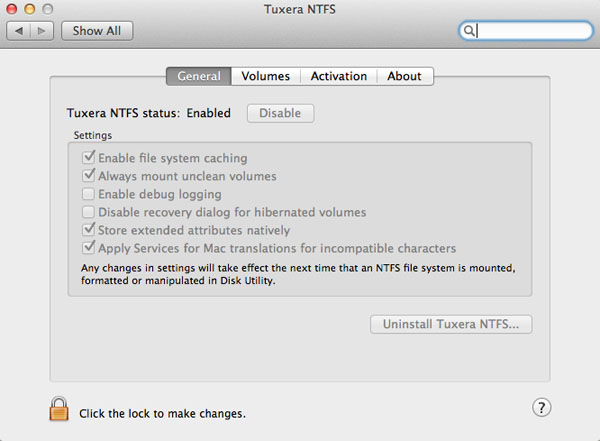 Tuxera NTFS for Mac 2015.03074 : Main Window