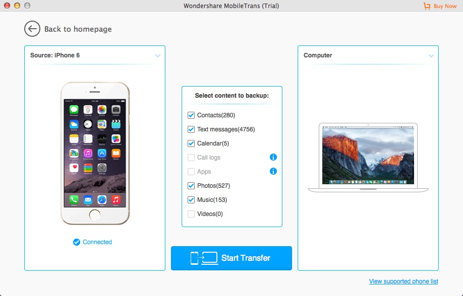 Wondershare MobileTrans 6.5 : Selecting iOS Data For Backup