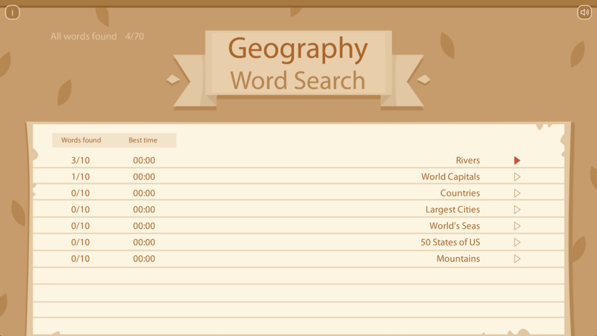 Geography Word Search - Discovery Puzzle 5.3 : Main Menu