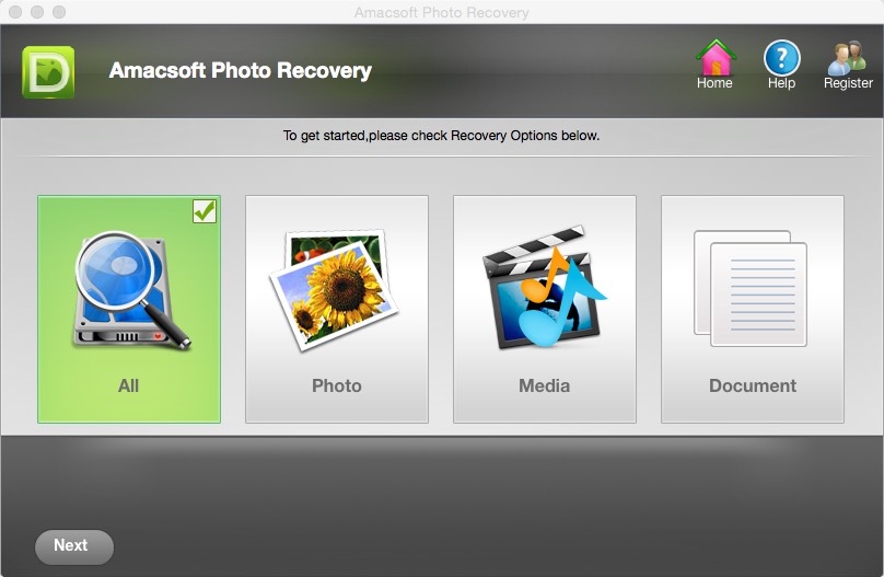 Amacsoft Photo Recovery 1.0 : Main window