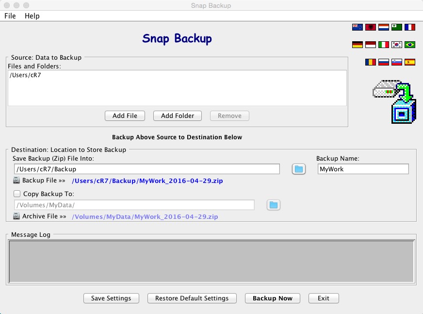 Snapr Backup 1.0 : Main window