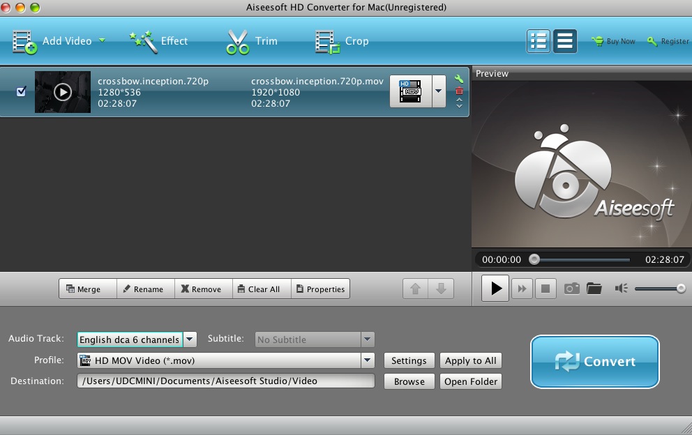 Aiseesoft HD Converter for Mac 6.2 : Main window