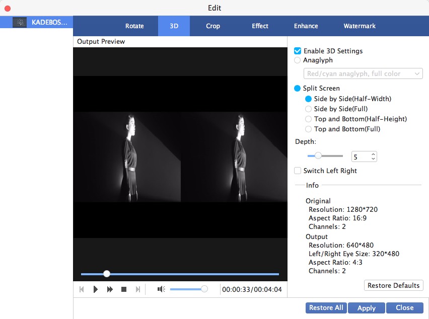 Video Enhancement 1.0 : 3D Settings