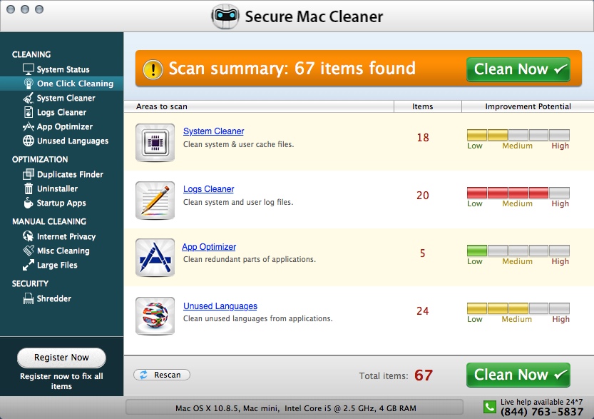 Secure Mac Cleaner 1.0 : Main Window