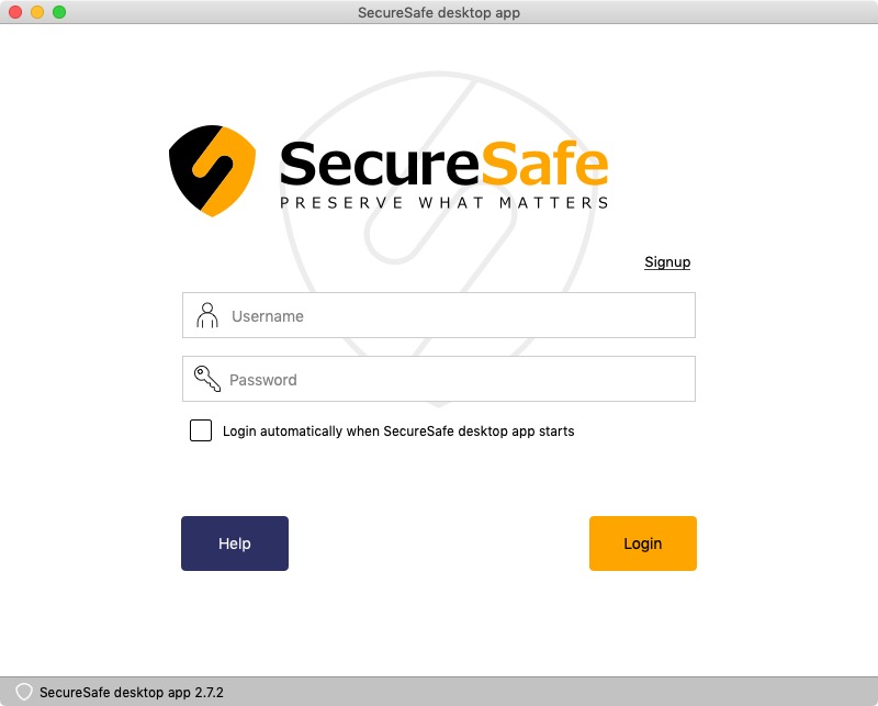 SecureSafe Client 2.7 : Login Screen