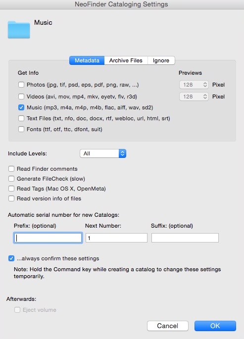 NeoFinder 6.9 : Configuring Cataloging Settings
