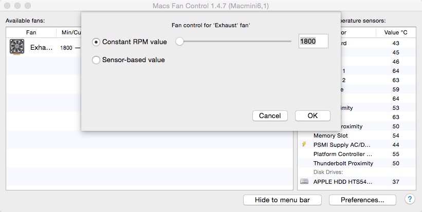 Macs Fan Control 1.4 : Configuring Exhaust Fan Settings