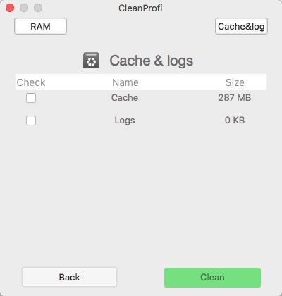 CleanProfi 2.3 : Cache & Logs Window