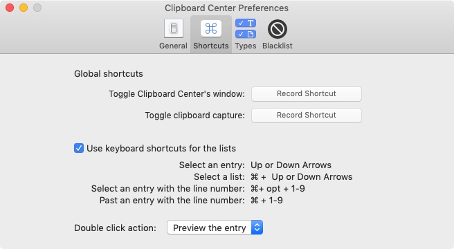 Clipboard Center 2.1 : Shortcuts Preferences