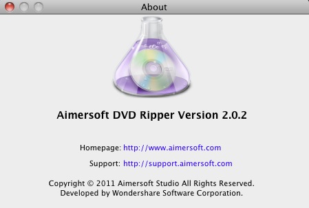 Aimersoft DVD Ripper 2.0 : About window