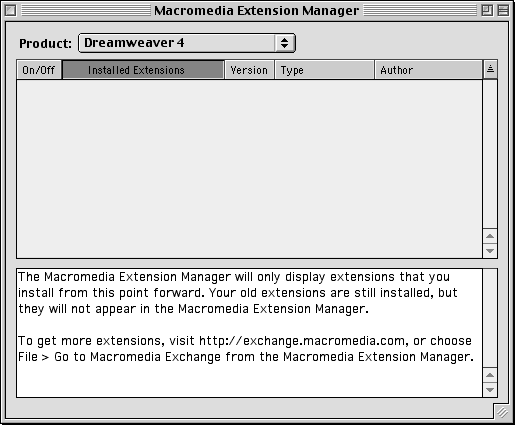 Macromedia Extension Manager (originale) 1.5 : Main window