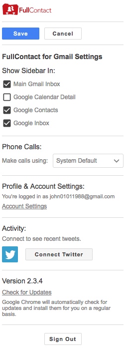 FullContact for Gmail 2.3 : Settings Window