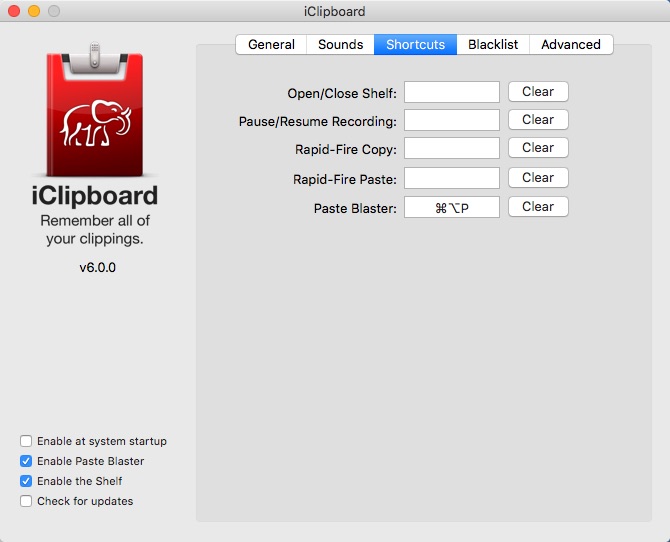 iClipboard 6.0 : Shortcut Keys Window