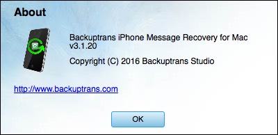 Backuptrans iPhone Message Recovery 3.1 : About Window