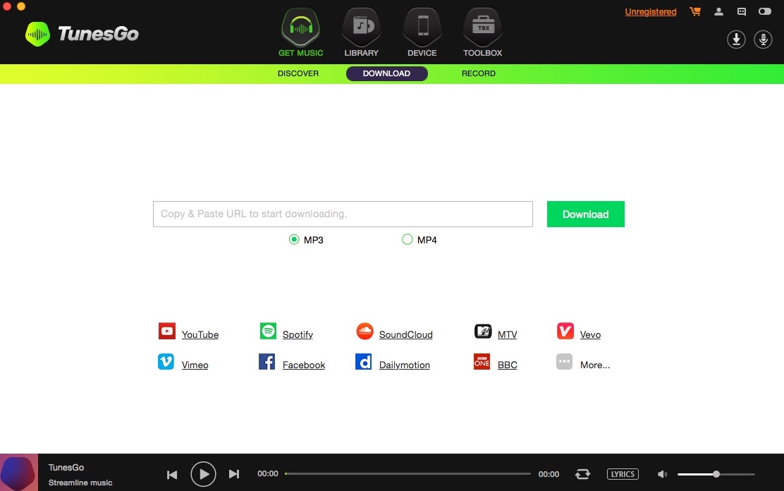 Wondershare TunesGo 9.0 : Music Downloader Window