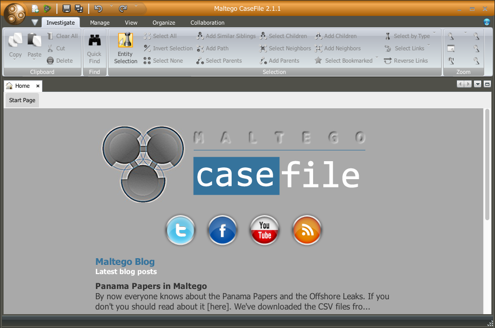Maltego CaseFile 2.1 : Main window