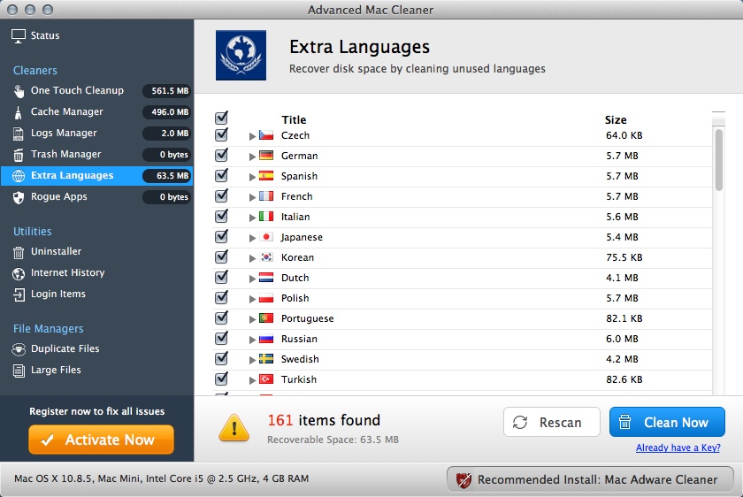 Advanced Mac Cleaner : Extra Languages Window