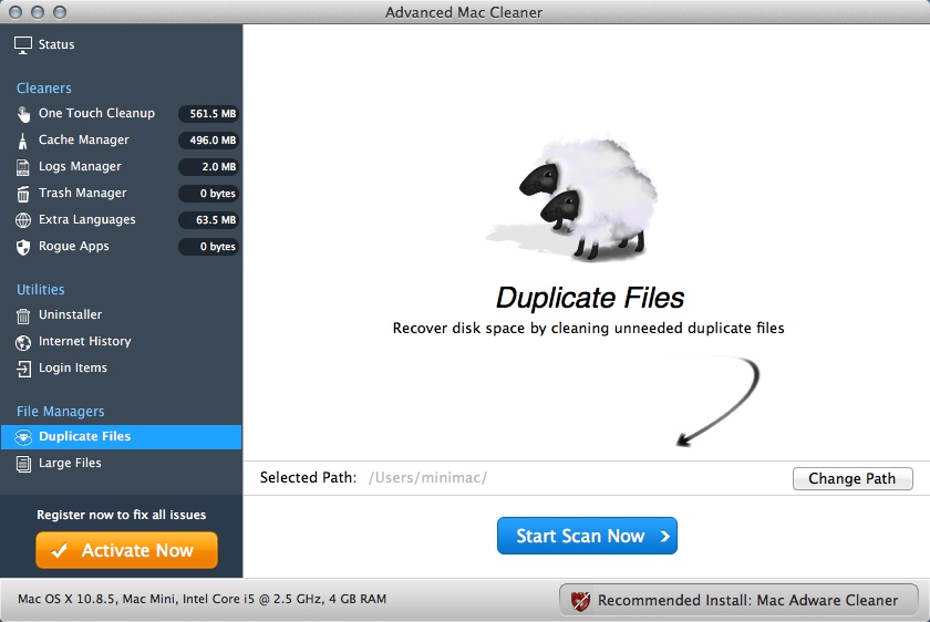 Advanced Mac Cleaner : Duplicate Files Window