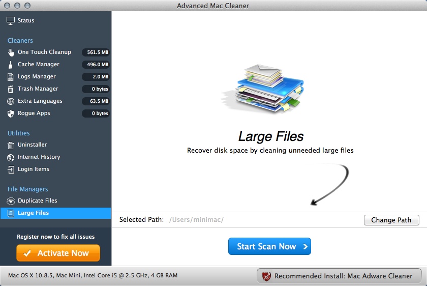 Advanced Mac Cleaner : Large Files Window