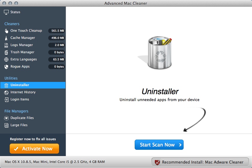 Advanced Mac Cleaner : Uninstaller Window