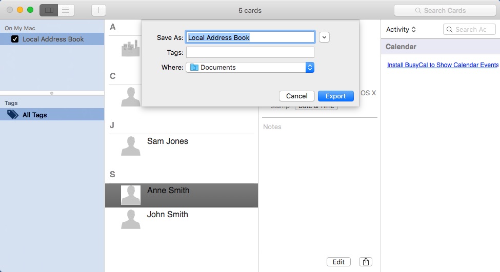 BusyContacts 1.1 : Exporting Contact Info