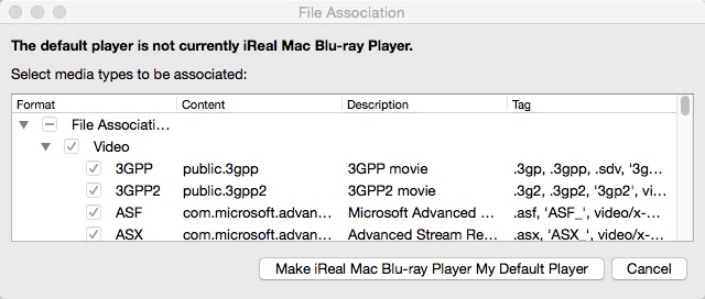 iReal Mac Blu-ray Player 3.6 : File Association