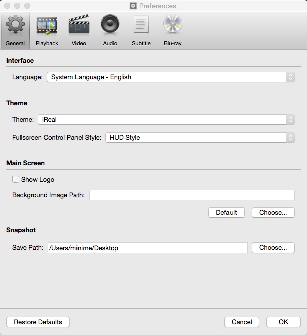 iReal Mac Blu-ray Player 3.6 : Preferences Window