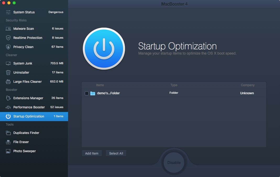 MacBooster 4.0 : Startup Optimization Window