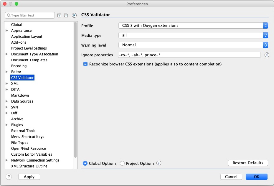 Oxygen 22.0 : CSS Validator Preferences 