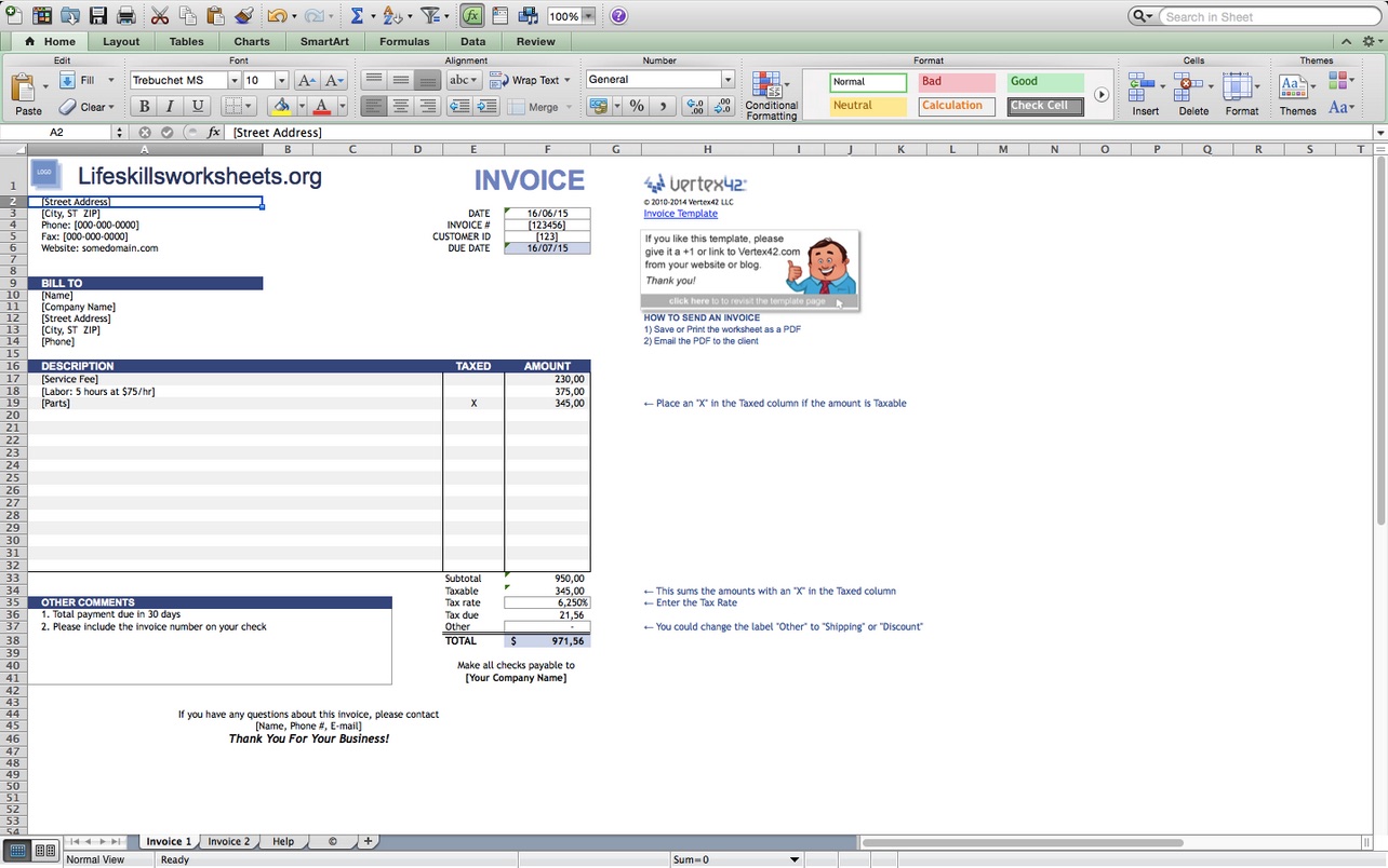 Excel Invoice Template 3.0 : Main window