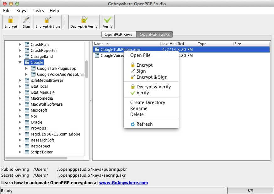 GoAnywhere OpenPGP Studio 1.1 : Main Window