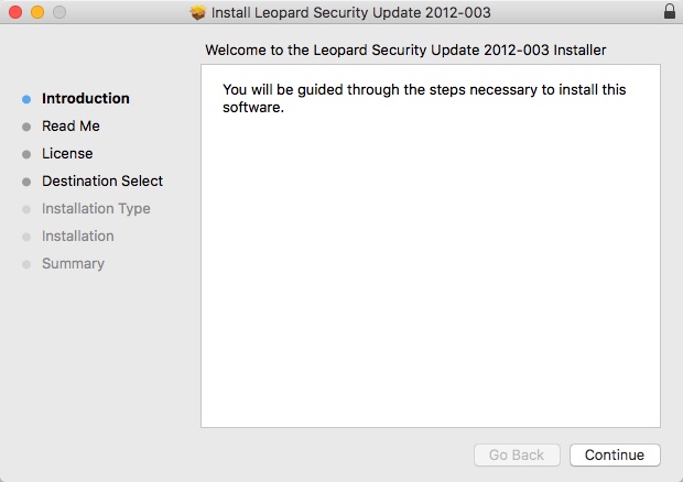 Leopard Security Update 2012-003 1.0 : Main window
