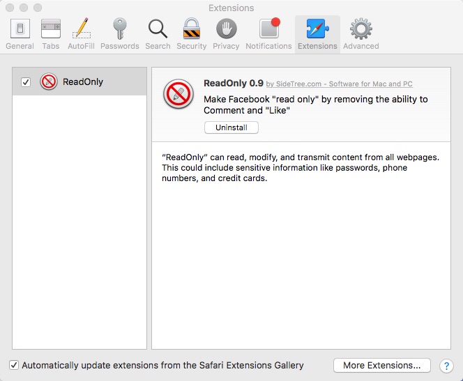 ReadOnly Safari Extension 0.9 beta : Main window