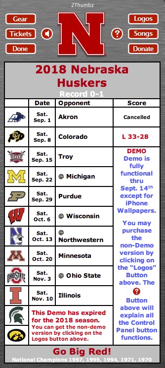Nebraska Huskers Football Schedule Widget 5.0 : Main Window