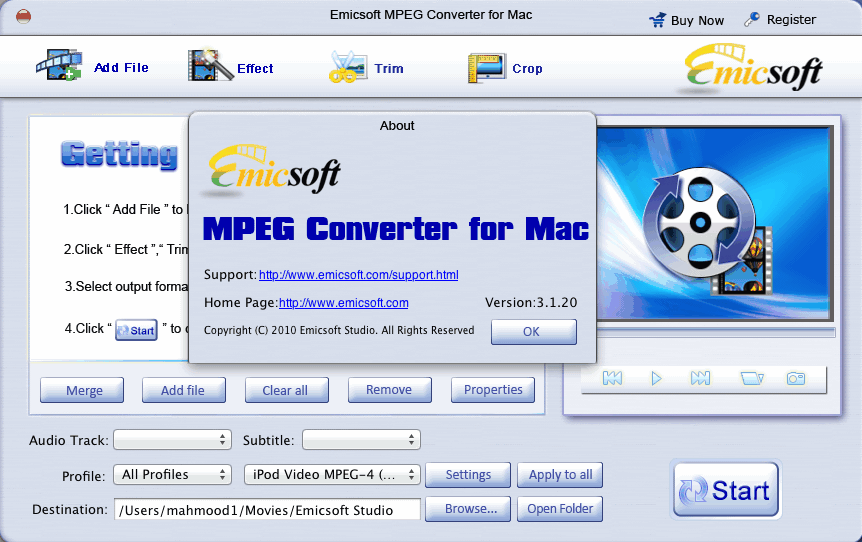 Emicsoft MPEG Converter for Mac 3.1 : Main Window
