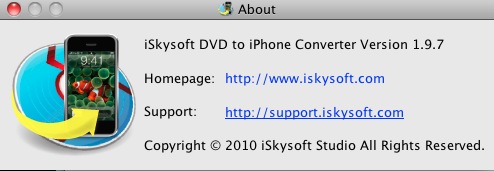 iSkysoft DVD to iPhone Converter 1.9 : About window