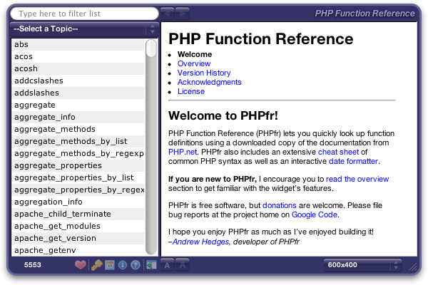PHP Function Reference 1.0 : Main Window