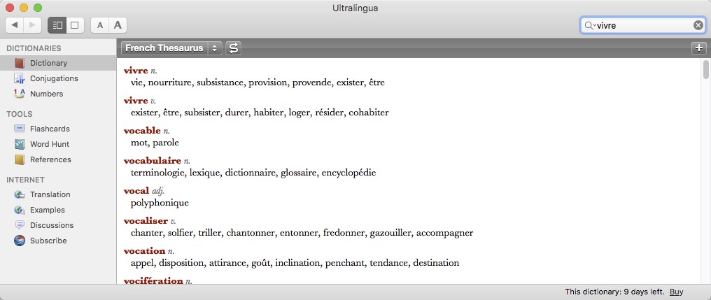 Ultralingua French Dictionary & Thesaurus 7.2 : Main Window
