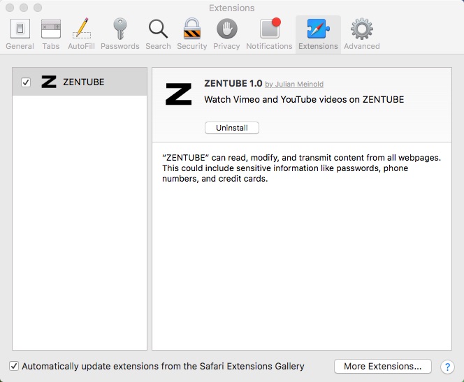 ZENTUBE Safari Extension 1.0 : Main window