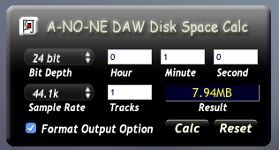DAW Disk Space Calc 1.4 : Main Window