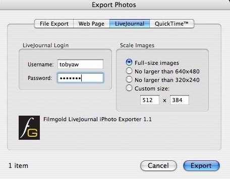 LiveJournal iPhoto Exporter 1.1 : Main window