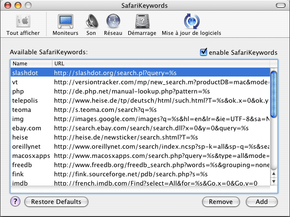 SafariKeywords 0.7 : Main Window