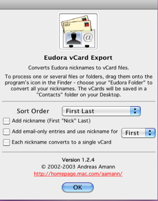 Eudora vCard Export 1.2 : Main Window