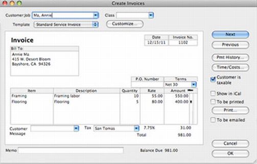 QuickBooks : Create invoice