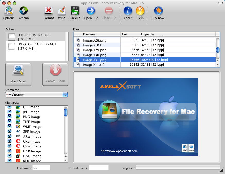 AppleXsoft Photo Recovery 3.5 : Main window