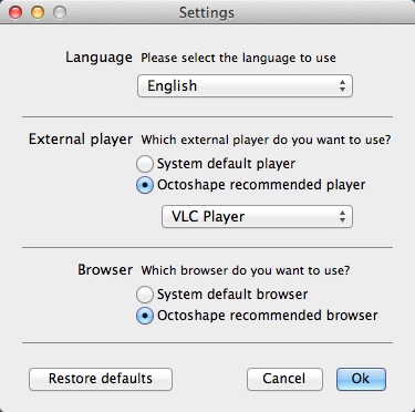 Octoshape 1.1 : settings screen