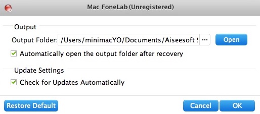Aiseesoft Mac FoneLab 8.1 : Preferences Window