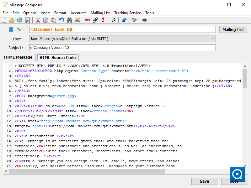 e-Campaign 2.92.1 2.9 : HTML Source Code Editor with Syntax Highlighting
