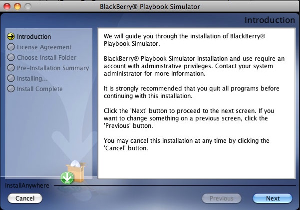 BlackBerry PlayBook Simulator 2.1 : Install Window