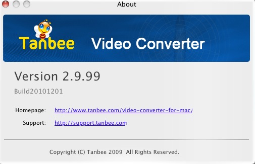 Tanbee Video Converter 2.9 : About window